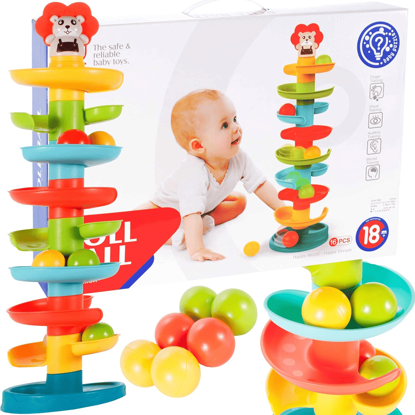 Picture of multi-coloured tower with balls and animal figure on the top