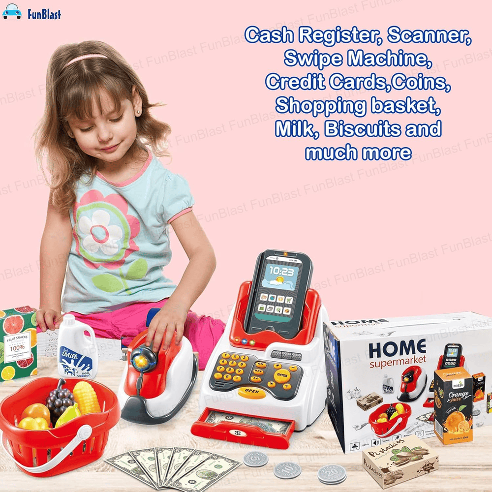 Toy. Cash Register with Scanner, Swipe Machine, Credit Card, Coins